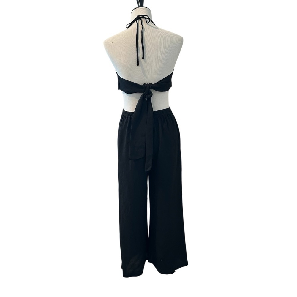 Elegant Black Fifth & Mode O Ring Black Linen Halter Jumpsuit - Picture 3 of 15
